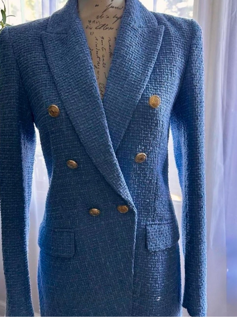 Zara Blue Double-Breasted Tweed Blazer with Gold Buttons